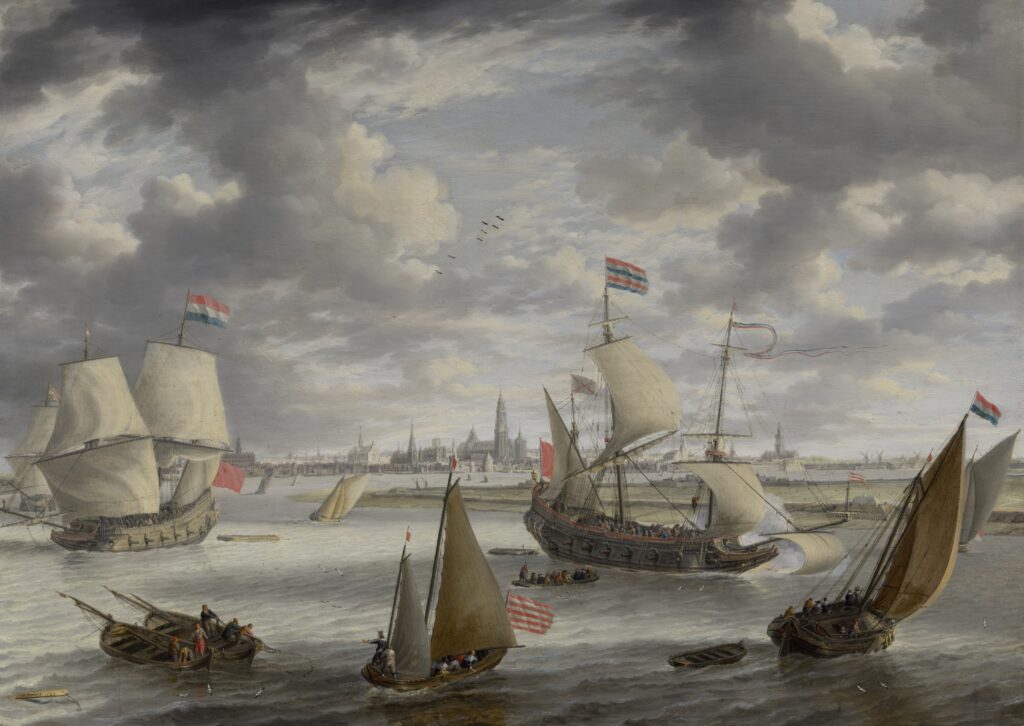 Bonaventura Peeters (Flemish, 1614–1652), Dutch Ships in Antwerp Harbor, 1637, oil on panel, Museum of Fine Arts, Boston, Rose-Marie and Eijk van Otterloo Collection, 80.2019.